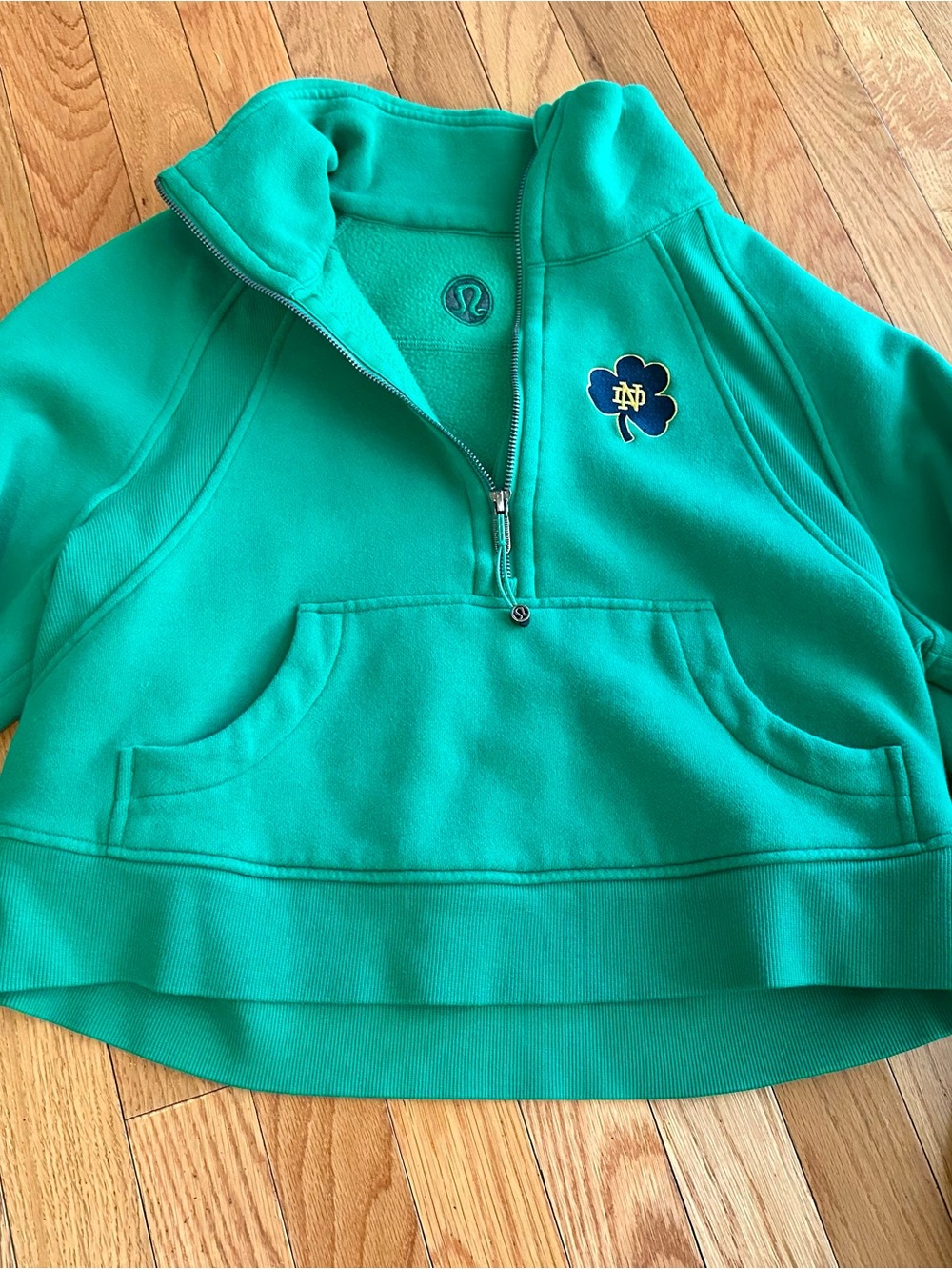 lululemon athletica Green Half-Zip Pullover with Notre Dame Shamrock Patch